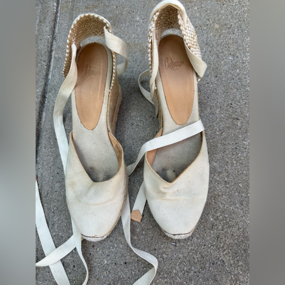 Castaner Beige Canvas Espadrille Wedges with Ankle Tie – Size EU 40 / US 10